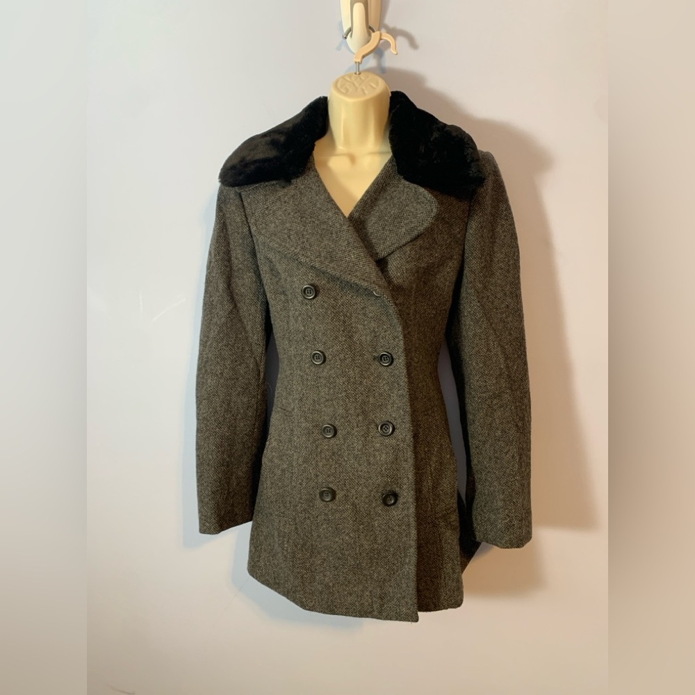 Utex Russia Double-Breasted Gray wool pea Coat with Black faux fur Collar med